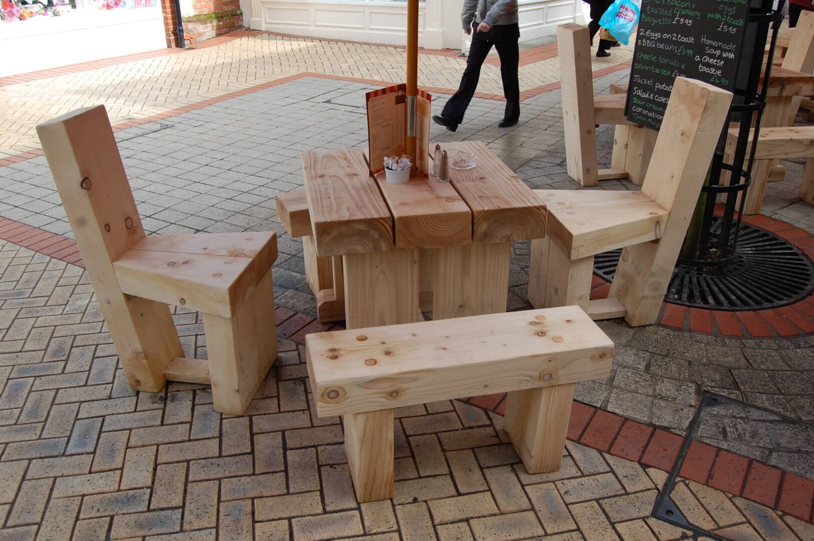 chunky wooden garden furniture.